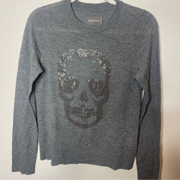 Zadig & Voltaire miss bus gray cashmere skull Strass sweater FLAWED size XS - Picture 4 of 11